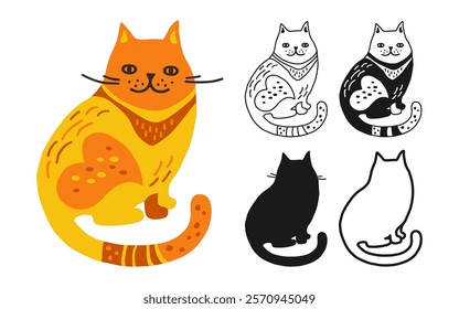 Cat symbol cartoon set. Abstract hand drawn comic kitten linear icon. Stylized pet animal emblem childish collection. Simple sign doodle or silhouette funny cats clipart. Vector isolated illustration