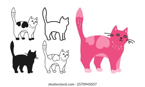 Cat symbol cartoon set. Abstract hand drawn comic kitten linear icon. Pet animal collection sign for infographic, website app. Simple sign doodle or silhouette funny cats. Vector isolated illustration