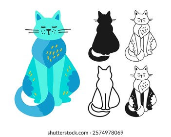 Cat symbol cartoon set. Abstract hand drawn kitten linear icon. Stylized cute pet animal emblem childish collection. Simple sign doodle or silhouette funny cats clipart. Vector isolated illustration