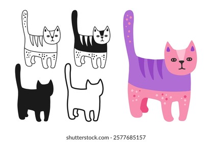 Cat symbol cartoon set. Abstract hand drawn kitten linear icon. Stylized cute pet animal emblem childish collection. Simple sign doodle or silhouette funny cats clipart. Vector isolated illustration