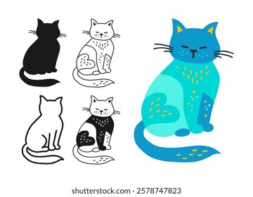 Cat symbol cartoon set. Abstract hand drawn comic kitten linear icon. Pet animal collection sign for infographic, website app. Simple sign doodle or silhouette funny cats. Vector isolated illustration