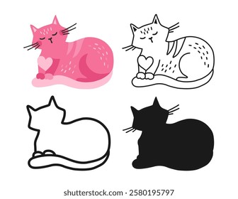 Cat symbol cartoon set. Abstract hand drawn comic kitten linear icon. Pet animal collection sign for infographic, website app. Simple sign doodle or silhouette funny cats. Vector isolated illustration