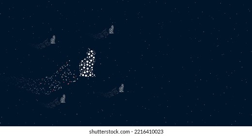 A cat symbol filled with dots flies through the stars leaving a trail behind. Four small symbols around. Empty space for text on the right. Vector illustration on dark blue background with stars