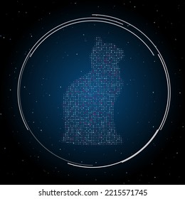 The cat symbol filled with white dots. Pointillism style. Some dots is pink. Vector illustration on blue background with stars