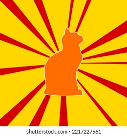 Cat symbol on a background of red flash explosion radial lines. The large orange symbol is located in the center of the sun, symbolizing the sunrise. Vector illustration on yellow background