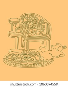 cat, table and sofa _ line drawing
