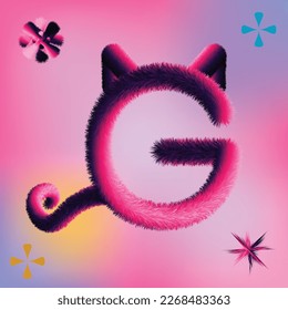 Cat . Tail, ears. flower vector. A pink letter g with a cat on it