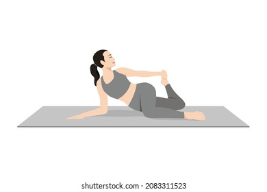 Cat Tail Pulling Pose, Beautiful girl practice Cat Tail Pulling Pose. Young attractive woman practicing yoga exercise. working out, black wearing sportswear, grey pants and top, indoor full length