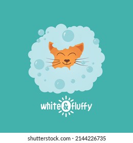 Cat Take Bath In Tub With Shampoo Bubbles. Cartoon Vector