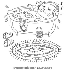 Cat takes a bath. Vector illustration of hand drawing. Doodles. Cute cat character. Transparent background.