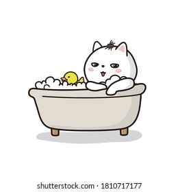 A cat taking a bath with a duck.