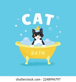 Katze badet. Katzenzucht und -waschen. Katzenzucht. Cute Charakter Cartoon Katze sitzend im Bad mit Entenspielzeug.