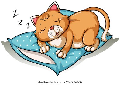 Cat taking a nap above the blue pillow on a white background