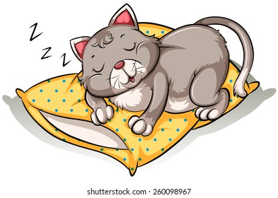 Cat taking a nap above the yellow pillow on a white background