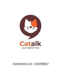 Cat talk logo, cat face inside round bubble chat speak logo illustration icon