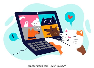 Cat is talking with animal friends via video conference using laptop for online negotiations. Videoconference of pets with digital technologies parodying teamwork and business rallies