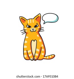 Cat with talking bubble on white background