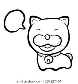cat talking, smile cat with speech bubble  / cartoon vector and illustration, black and white, hand drawn, sketch style, isolated on white background.