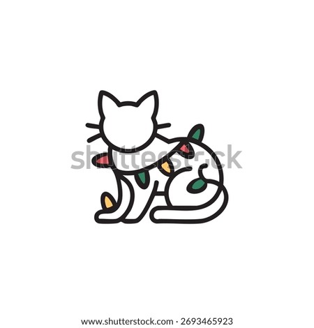 Cat tangled in Christmas lights, minimal line icon, white background. Design layer should be clean and smooth.