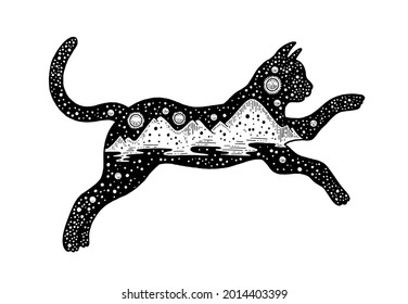 Cat tatoo. Black jumping cat tattoo with universe mountain landscape. Hand drawn art. Vintage flight icon. Black animal sketch logo. Galaxy space surreal symbol. Vector retro illustration