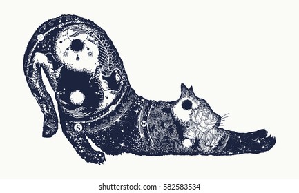 Cat tattoo art. Meditation, philosophy, harmony yin and yang symbol. Magical cat animals double exposure t-shirt design 