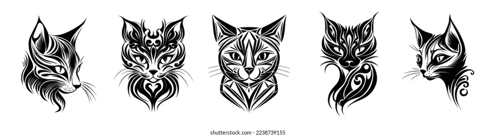 Cat tattoos on white background. Set of cats silhouettes. Cat head in black and white ornament. Vector illustration for tattoo, stickers, cards, t-shirt design etc.