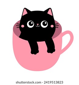 Cat in tea coffee cup. Eyes, paws hand. Black kitten with pink ears, cheeks. Cute cartoon funny character. Baby pet animal collection. Sticker tshirt print. Flat design. White background. Vector