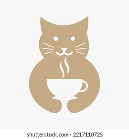 Cat Tea Cup Logo Negative Space Concept Vector Template. Cat Holding Tea Cup Symbol