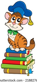 Cat teacher on pile of books - vector illustration.