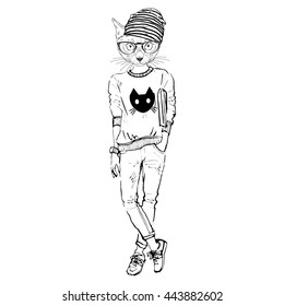 cat teen dressed up in casual urban style, furry art illustration, fashion animals