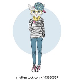 cat teen girl in stripy top with mobile, furry art illustration, fashion animals