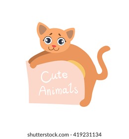 Cat With The Template For The Message Cute Childish Colorful Flat Vector Illustration On White Background