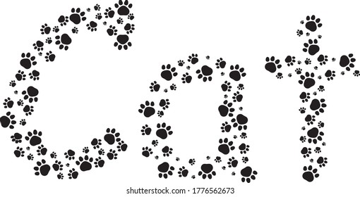 Cat text in black paw prints on a which background