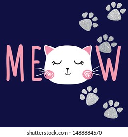 Cat Text Line Glitter Footprint Animal Girl Tee Illustration Art Vector