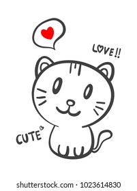 cat with text love and cute. vector illustration. 