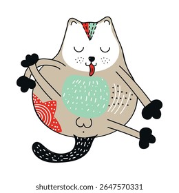 Cat that licks itself. Cute silhouette of a cat. Ethnic motives