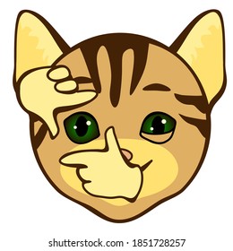 Katze, die die Szene durch den Rahmen sieht, der mit seinen Händen Geste imitiert wurde, schlichtes, farbiges Emoticon, Vektoremoji in Farbe