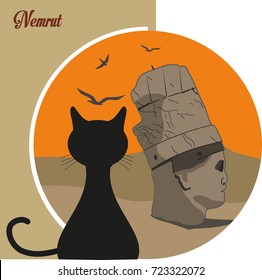 The cat that watches beautiful Nemrut – illustration - Vector illustration and silhouette drawing Adiyaman, Turkey - Vintage Nemrut Mountain Poster Design