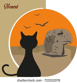The cat that watches beautiful Nemrut – illustration - Vector illustration and silhouette drawing Adiyaman, Turkey - Vintage Nemrut Mountain Poster Design