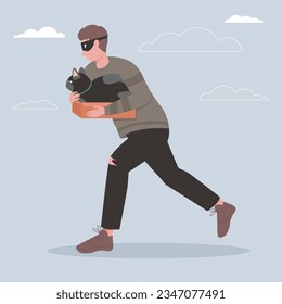 Cat theft vector illustration. Cartoon male thief character in hoodie and mask stealing cute animal in box, man burglar running to steal funny black kitten, pet burglary by bandit and hooligan