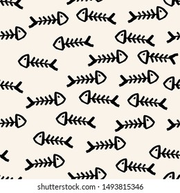 Cat theme hand drawn seamless pattern fish bones on white background. Vector illustration. For print, digital paper, textile, fabric, hand drawn grunge textures