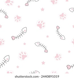 Cat theme seamless pattern with animal pink paw footprints paths and fish bones on white background.Pink paws and stars pattern.