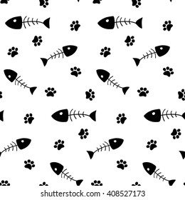 Cat Theme Seamless Pattern With Animal Paw Footprints Paths And Fish Bones On White Background.