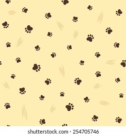 Cat theme seamless pattern with heart shaped animal paw footprints and claw scratches
