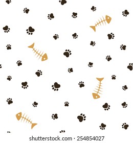 Cat theme seamless pattern with heart shaped animal paw footprints and fish bones