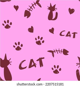 cat themed seamless pattern, there are cats, cat food salted fish and cat paw prints