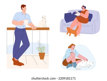 Cat therapy vector scenes. Man and woman with cats. Flat adult characters calm with pet. Psychology mental health, animals support people