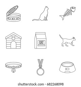 Cat things icons set. Outline set of 9 cat things vector icons for web isolated on white background