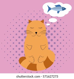 Cat thinking of fish. Purple background. Vector.