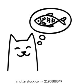 The cat thinks about the fish, cartoon simple doodle style monochrome vector illustration isolated on white background